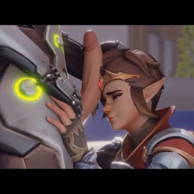 overwatch, genji, tracer, memz3d, 1boy, 1girls, blowjob, cock hungry, cock on face, cock worship, fellatio, handjob, holding head, male/female, maledom