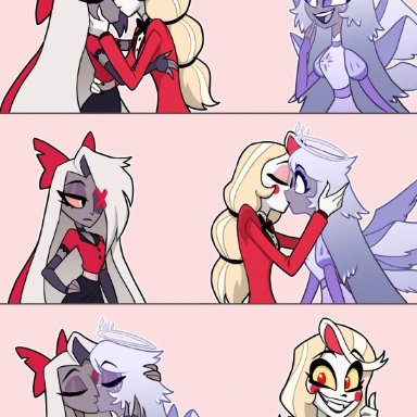 hazbin hotel, emily (hazbin hotel), vaggie (hazbin hotel), centinel303, angel, blonde hair, blue eyes, demon, eyepatch, female, female focus, female only, grey skin, lesbian kiss, long hair