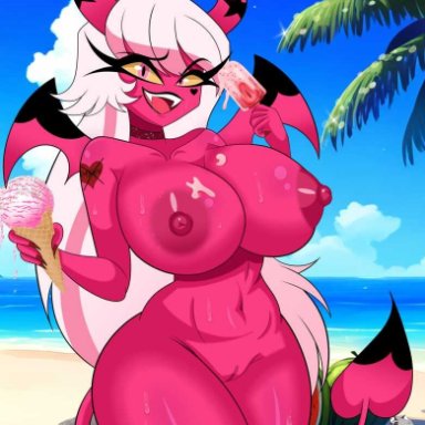 helluva boss, vivienne medrano, verosika mayday (helluva boss), raydonxd, big breasts, demon, demon girl, ice cream, nipples, nude, pussy, smile, succubus