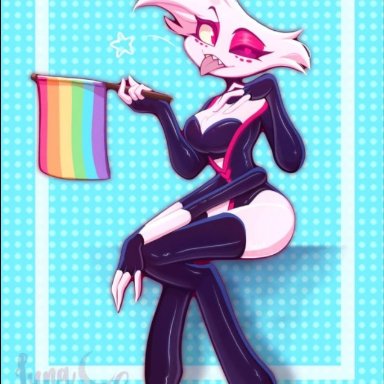 hazbin hotel, vivziepop, angel dust, angel dust (hazbin hotel), big butt, demon boy, fake breasts, femboy, fluffy chest, four arms, gay flag, gay pride, latex gloves, latex suit, latex thighhighs