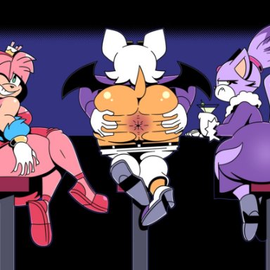 sega, sonic (series), sonic the hedgehog (series), amy rose, blaze the cat, rouge the bat, ineptoutcast, 3girls, anthro, anus, ass, bat, big ass, bottomless, breasts