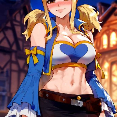 fairy tail, lucy heartfilia, floxin, 1girls, abs, bangs, bare shoulders, belt, black legwear, black skirt, black thighhighs, blonde hair, blurry, blush, breasts