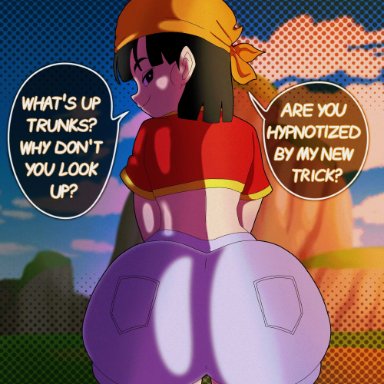 dragon ball, pan (dragon ball), ass, ass bigger than head, ass focus, ass shake, big ass, big butt, bubble ass, bubble butt, clothed, clothing, looking at viewer, looking back at viewer, rada boone