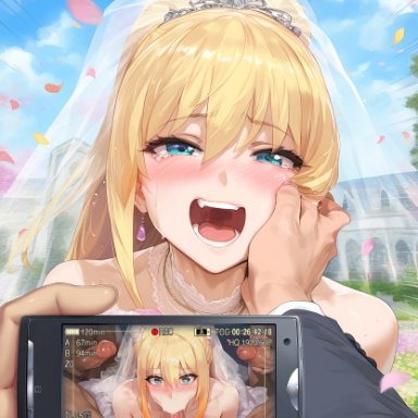 konosuba, darkness (konosuba), lewdqueen, 1girls, 4boys, affair, blonde hair, blowjob, blue eyes, blush, bouquet, breasts, cheating, cheating wife, church