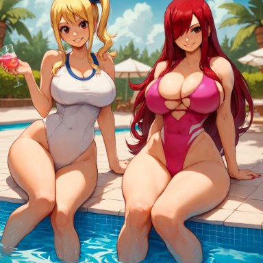 fairy tail, erza scarlet, lucy heartfilia, alex-schura, 2girls, adapted costume, arm support, bangs, bare legs, bare shoulders, bare thighs, beach umbrella, big breasts, bikini, blonde hair