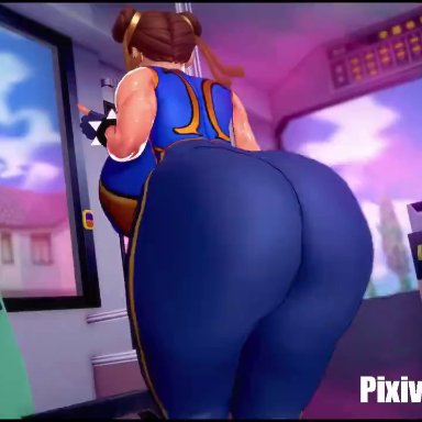 street fighter, chun-li, chun-li (fortnite), wily27, 1girls, ass clapping, ass shake, bouncing ass, brown hair, bus, bus interior, double bun, fat ass, huge ass, huge breasts