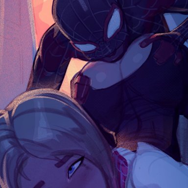 marvel, spider-man (series), ghost-spider, gwen stacy, gwen stacy (spider-verse), miles morales, spider-gwen, honi do, 1boy, 1girls, big ass, big butt, blonde hair, bubble ass, bubble butt