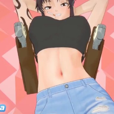 black lagoon, revy, revy (character), anonbluna, anime girl, arm tattoo, backshots, black topwear, brown hair, cigarette, creampie, hairy pussy, hentai, huge ass, jean shorts