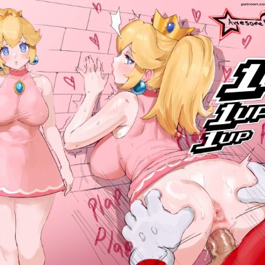 mario (series), mario tennis, mario, princess peach, awesomeerix, 1boy, against wall, anus, ass, ass grab, bare shoulders, bent over, blonde hair, blue eyes, blush