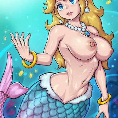 mario (series), nintendo, princess peach: showtime!, mermaid peach, princess peach, redjet, 1girls, alternate species, bare breasts, big breasts, blonde hair, blue eyes, bracelet, bracelets, breasts