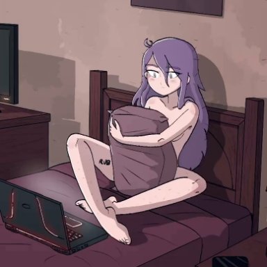 original, keetydraws, kt-draws, 1girls, bed, blue eyes, blue hair, breasts, caught, caught masturbating, completely nude, embarrassed, feet, focused, hairy