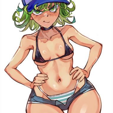 one-punch man, tatsumaki, ribosoma 42, 1girls, bare arms, baseball cap, bikini top, black bikini top, choker, collarbone, denim shorts, female, green eyes, green hair, hands on hips