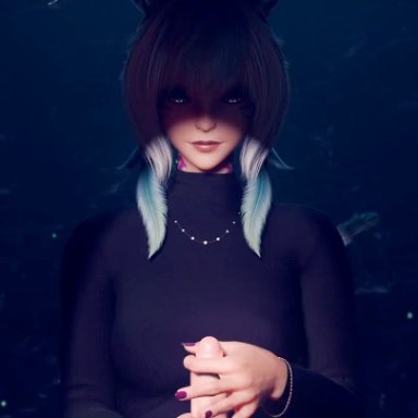 ffxiv, final fantasy xiv, miqo'te, y'shtola, tipsynd, 1boy1girl, bedroom eyes, blind, bracelet, edging, femdom, fingerjob, fully clothed, glans stimulation, glansjob