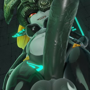 nintendo, the legend of zelda, twilight princess, imp midna, midna, futadolly, 1futa, armwear, balls, belly, black body, chubby, chubby futanari, elbow gloves, futa only