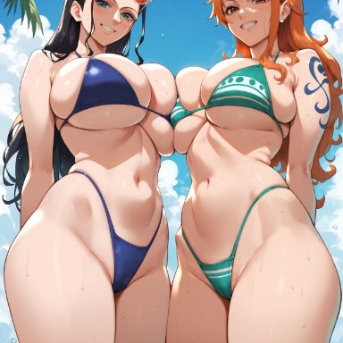 one piece, nami, nico robin, bombacopta, 2girls, arms behind back, beach, big breasts, bikini, blue bikini, blue eyes, breasts, brown eyes, female, female only