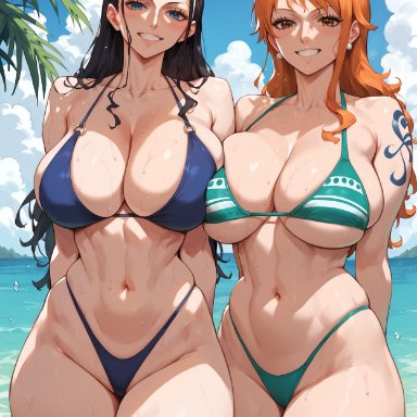 one piece, nami, nico robin, bombacopta, 2girls, arms behind back, beach, bikini, bikini bottom, bikini top, blue bikini, blue eyes, breasts, breasts pressed together, brown eyes