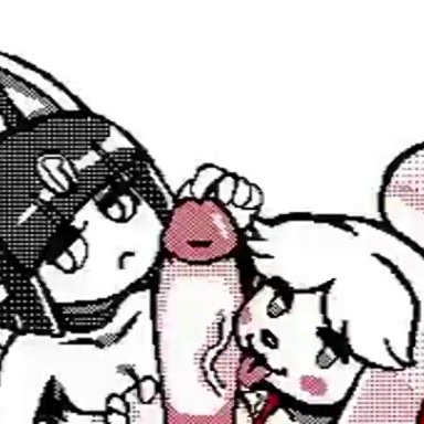 animal crossing, flipnote, nintendo, ankha, isabelle (animal crossing), nunya84587583, vampiricpig, 1boy, 1boy2girls, 2girls, anthro, ball sucking, canine, catgirl, feline