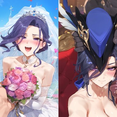 genshin impact, hoyoverse, mihoyo, clorinde (genshin impact), lewdqueen, 1girls, 2boys, affair, blue hair, blush, bouquet, breasts, cheating, cheating wife, church