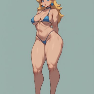 mario (series), princess peach, xsfmworks, 1girls, arms behind back, bikini, blonde hair, blue bikini, blue eyes, blue footwear, breasts, choker, cleavage, clothing, crown