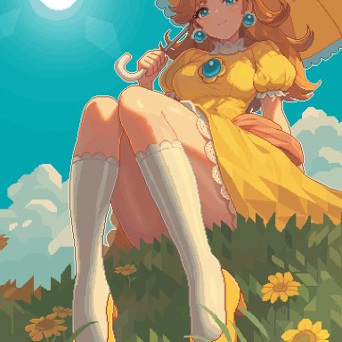 mario (series), nintendo, princess daisy, itzah, 1girls, alternate breast size, arm tuft, barefoot, big breasts, bikini, blue eyes, bottomless, bottomless female, breast expansion, clothed