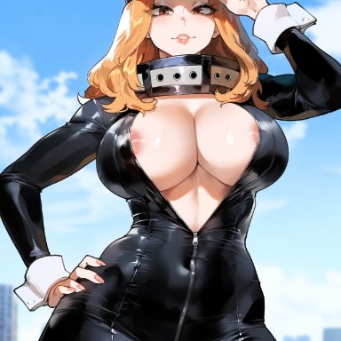 my hero academia, camie utsushimi, creamy ai, black bodysuit, blonde hair, bodysuit, brown eyes, cleavage, curvy, large breasts, thick thighs, wide hips, ai generated