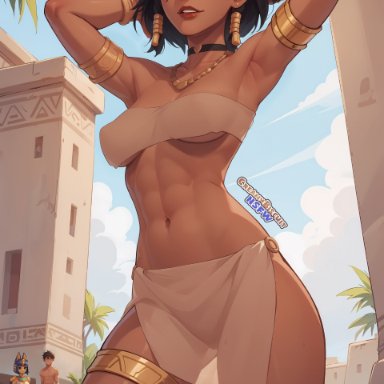 animal crossing, overwatch, ankha, ankha (animal crossing), fareeha amari, pharah, creamybiscuit, 1boy, 2girls, abs, armpits, arms behind head, arms up, black hair, breasts