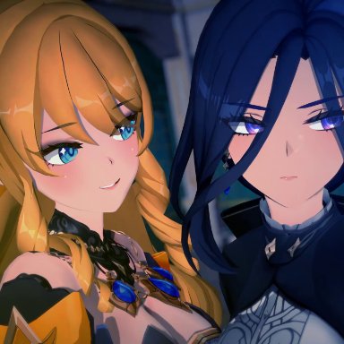 genshin impact, clorinde (genshin impact), navia (genshin impact), 2girls, blonde hair, blue eyes, french kiss, french kissing, purple hair, tongue, tongue out, wholesome, yuri, 3d, animated