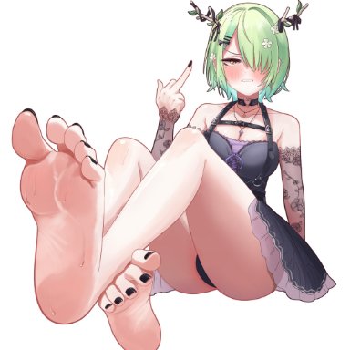 hololive, hololive english, hololive english -council-, hololive english -promise-, ceres fauna, ceres fauna (goth costume), sero4308, 1girls, barefoot, big breasts, black choker, black nails, black panties, blush, breasts