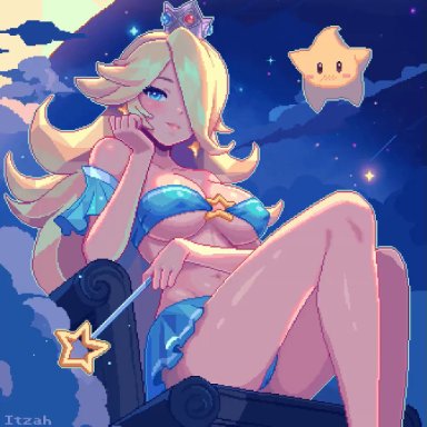 mario (series), nintendo, luma, princess rosalina, itzah, 1girls, bikini, blonde hair, blue bikini, blue eyes, blue skirt, breasts, female, female focus, legs