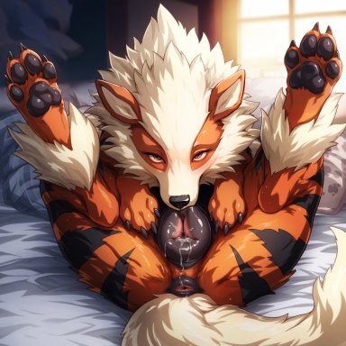 pokemon, arcanine, generation 1 pokemon, pokemon (species), director firewolf, anatomically correct, anatomically correct genitalia, animal genitalia, animal pussy, anus, autocunnilingus, bed, bodily fluids, canid, canine