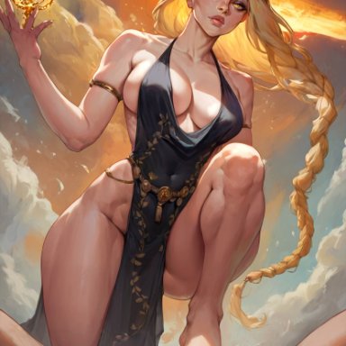 elden ring, queen marika the eternal, philon, 1boy, 1girls, armlet, bare shoulders, barefoot, black dress, blonde hair, braid, braided ponytail, breasts, circlet, cleavage