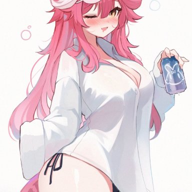 hololive, hololive english, hololive english -justice-, raora panthera, koahri, ;), bikini bottom, blush, cat ears, cleavage, drink, drooling, eye mask, kemonomimi, pink hair