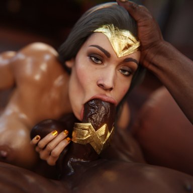 dc, dc comics, wonder woman (series), diana prince, wonder woman, stephanie23, 1boy, 1boy1girl, 1girls, areolae, ball fondling, balls, breasts, dark-skinned male, fellatio