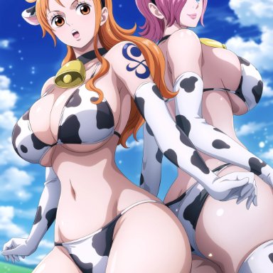 one piece, nami, vinsmoke reiju, jemmasoria, 2girls, ass, big ass, big breasts, bikini, breasts, cleavage, cow horns, cow print, cowbell, cowprint