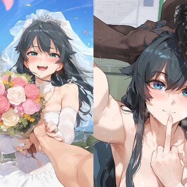 my teen romantic comedy snafu, yukinoshita yukino, lewdqueen, 1girls, 2boys, affair, asian female, black hair, blue eyes, blush, bouquet, breasts, cheating, cheating wife, church