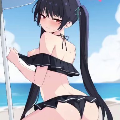 blue archive, serika (blue archive), serika (swimsuit) (blue archive), kumasteam, 1boy, animal ears, anus, ass, back, bare shoulders, beach, beach umbrella, bikini, black bikini, black hair