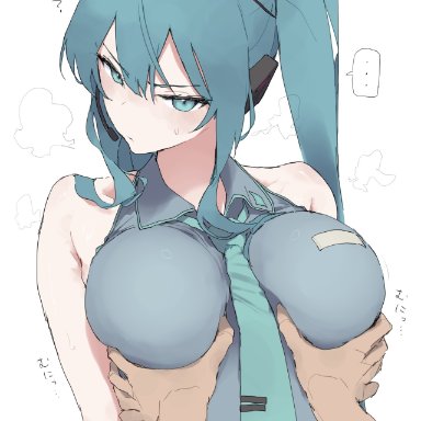 vocaloid, hatsune miku, makkurourufu, ..., blue eyes, blue hair, breasts, clothed, confused, grabbing breasts, groping, large breasts, long hair, necktie, necktie between breasts