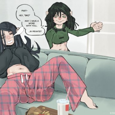 luna (streachybear), puck (streachybear), streachybear, 1futa, 1girls, balls, balls in panties, bed, bedroom, black hair, blush, clothed, clothing, cock out, cock sock