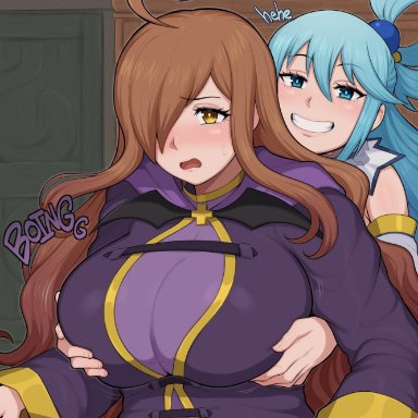 aqua (konosuba), wiz (konosuba), afrobull, 2females, 2girls, amber eyes, big breasts, blush, breasts, clothed, clothed female, clothing, duo, female, female only