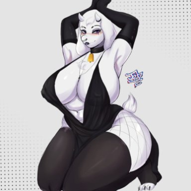 undertale, toriel, jebjebbz, 1girls, bell, bovid, bovine, collar, dress, fishnet legwear, furry, furry only, goat, goth, gothic