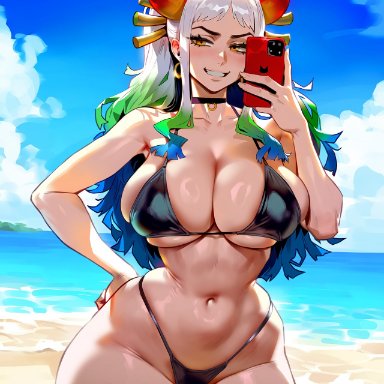 one piece, yamato (one piece), floox, 1girls, bikini, black bikini, breasts, female, female only, hips, horns, huge breasts, light skin, light-skinned female, long hair