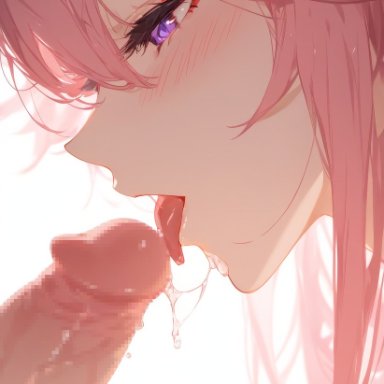 genshin impact, yae miko, miurai, blowjob, licking, licking penis, pink hair, saliva, saliva trail, tongue, ai generated, censored