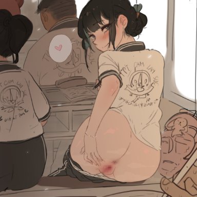 original, original character, 2girls, anus, ass, ass focus, back view, backsack, black hair, blue eyes, blush, classroom, exhibitionism, exhibitionist, female