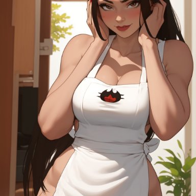 avatar the last airbender, nickelodeon, nicktoons, azula, skydeal, 1girls, blush, brown hair, large breasts, naked apron, red lipstick, smiling at viewer, ai generated