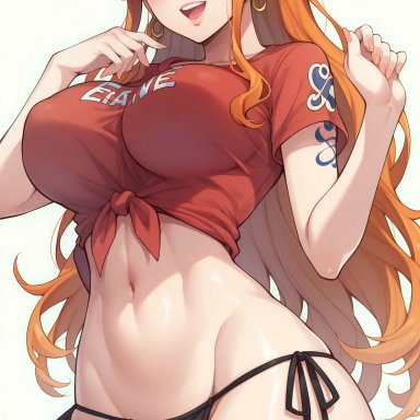 one piece, shounen jump, nami, nami (one piece), plyboijayyai, 1girls, bare legs, bare thighs, big breasts, bikini bottom, clothed, clothing, female, female focus, female only