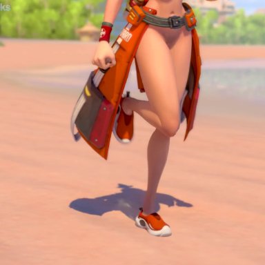 blender eevee, blizzard entertainment, overwatch, overwatch 2, kiriko (overwatch), lifeguard kiriko, mauga, sombra, dzooworks, 1boy, 2girls, beach, brown hair, fit female, green eyes