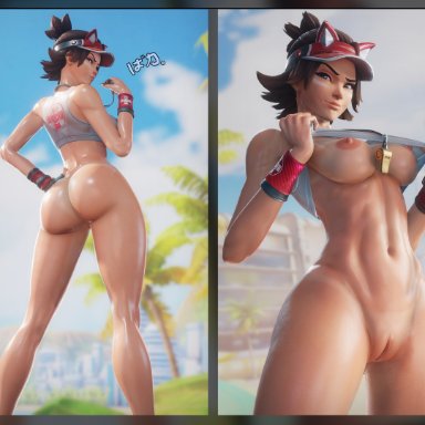 blizzard entertainment, overwatch, overwatch 2, kiriko (overwatch), lifeguard kiriko, hasfeldt, 1girls, ass, back view, beach, breasts, breasts out, female, female focus, female only