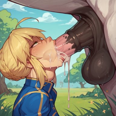 fate (series), fate/grand order, artoria pendragon, cecil (artist), 1boy, ahe gao, animal penis, balls, big balls, blonde hair, blush, clothed, cum, cum in mouth, deepthroat