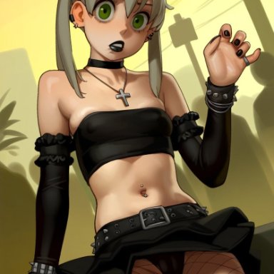 soul eater, maka albarn, aged up, belt, belt buckle, beltskirt, black choker, black clothes, black clothing, black lipstick, black nail polish, black nails, black panties, black skirt, black top