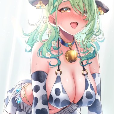 hololive, hololive english, ceres fauna, artist request, 1girls, alternate costume, big breasts, bikini, bikini top, blush, cleavage, cow bikini, cow ears, cow print, cow tail